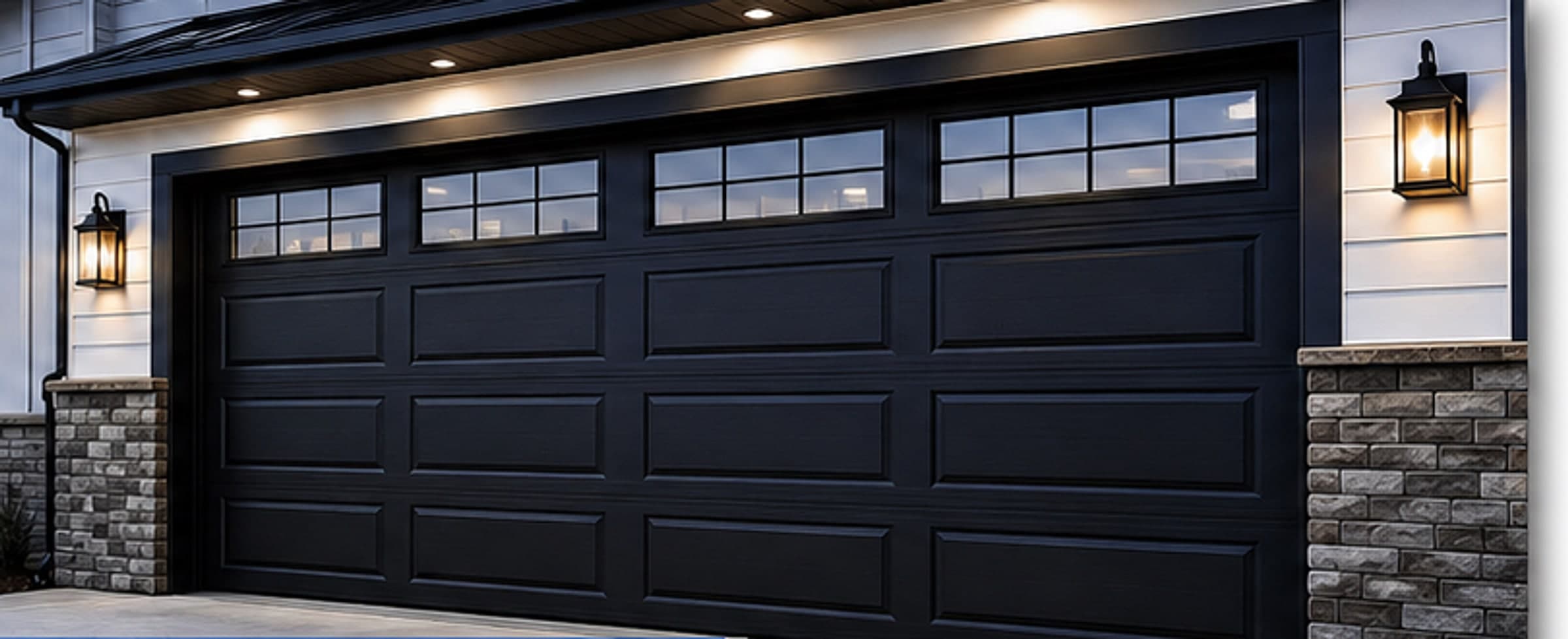 Black raised-panel residential garage door with lit carriage lamps at dusk